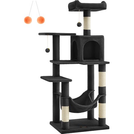 Feandrea Arbre à Chat Hauteur 143 cm, Tour de Jeux pour Chats, avec 4 Poteaux à Griffer, 2 Plateformes, 1 Niche, 1 Hamac, 2 Pompons, en Tissu Peluche, Multi-niveaux, Noir d'Encre