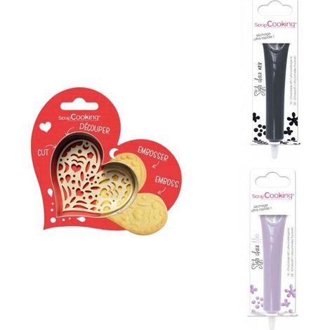 Kit pour biscuit en relief Coeur + 2 Stylos au chocolat noir et lilas (1/3)