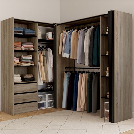 MARLON 200 x 150 x 180 cm armario esquinero de haya con armarios + cajones + estantes + cortinas negras