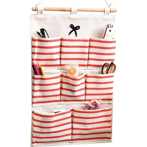 Wandhängetasche aus Baumwoll-Leinen-Gewebe mit 6/8 Taschen, Organizer-Aufbewahrungsbeutel, rot, 6 Taschen