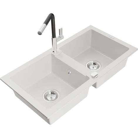Mexen Mario lavello in granito a 2 vasche con rubinetto da cucina Flora, bianco - 6504-20-670401-07 (1/5)