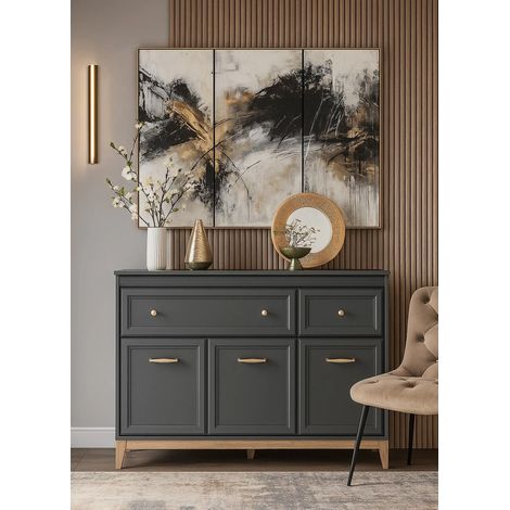 AX LIVING Kommode Nymphen Dunkelgrau 2 Schubladen 3 Türen MDF Eiche Beine