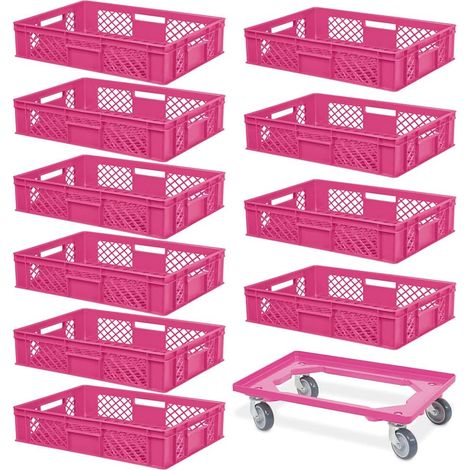 BRB 10 Eurobehälter, LxBxH 600x400x150 mm, lebensmittelecht + 1 Transportroller, pink