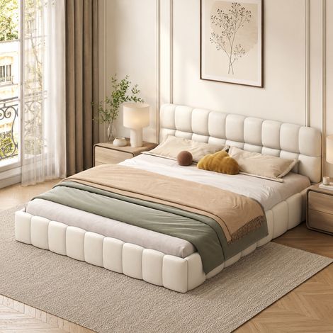 Lit capitonné 140 × 190 cm, design encastré, cadre de lit 140 × 190, rembourrage en mousse haute densité, lit double moderne, sommier à lattes, lit adultes,lit ados, Lin, Beige (1/5)