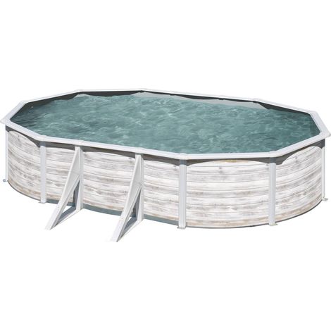 GRE Piscine ovale acier 5,27m x 3,27m x H: 1,22m - Imitation bois Nordique (1/5)