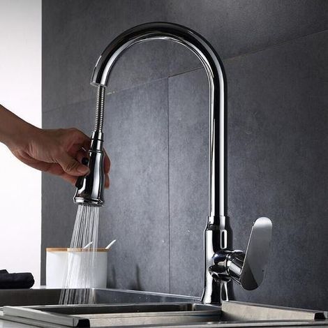Robinet d'évier avec pommeau orientable 360° et flexible de pulvérisation, mitigeur à levier unique pour eau chaude et froide, finition argentée (Argent) (1/5)