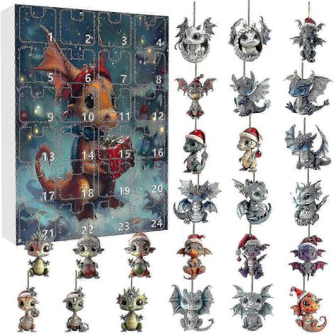 Calendrier de l'Avent de Noël 24 pièces/ensemble, boîte surprise de Noël, pendentif dragon en acrylique, pendentif sapin de Noël A (1/5)
