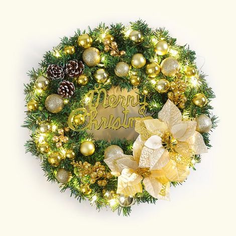 Corona navideña con luces LED, 40 cm, piñas artificiales, corona para puerta con la inscripción "Feliz Navidad". Guirnalda navideña para puerta principal, chimenea y escaleras. (1/4)