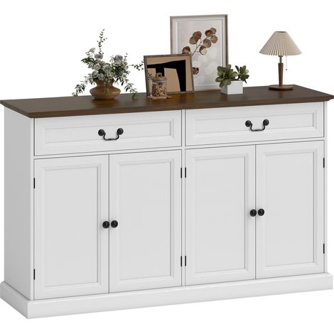Aparador de salón, mueble de almacenamiento con 4 puertas, 2 cajones con cierre suave, estantes ajustables, 140 x 40 x 85 cm, blanco y marrón. (1/5)