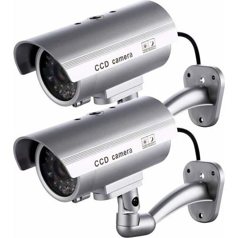 Set of 2 Dummy Cameras, Dummy Outdoor Cameras for Indoor or Outdoor Use, Bullet Shape and Flashing LED, Rtgpt (Silver)-Inhhub (1/4)