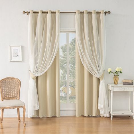Rideaux de fenêtre occultants 2-en-1 – voile + rideau épais – lot de 2 – tissu haute densité pour obscurité maximale (Beige-132×213cm) (1/5)
