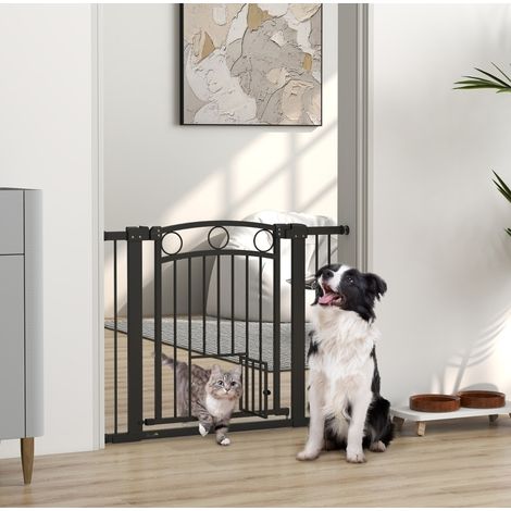 Barrera de seguridad para mascotas de metal negro 77 cm, ajustable, para escaleras – MEUBLIV (1/5)