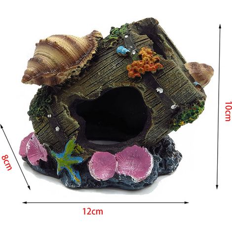 Décoration d'Aquarium en Résine Abri en Forme de Tonneau de Vin avec Coquillages et Étoile de Mer Grotte de Cachette pour Poissons et Crevettes Paysage Aquatique (1/5)
