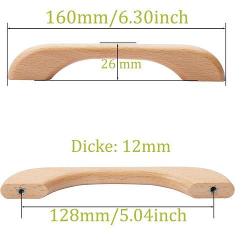 Set di 4 maniglie in legno per mobili, armadi, ante di armadi e cassetti in legno di faggio, lunghezza totale 160 mm, color legno. (1/4)