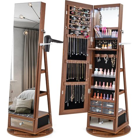 Armoire à bijoux noyer avec miroir pleine longueur, éclairage LED, rangement verrouillable et rotation 360 pour chambre et dressing (1/5)