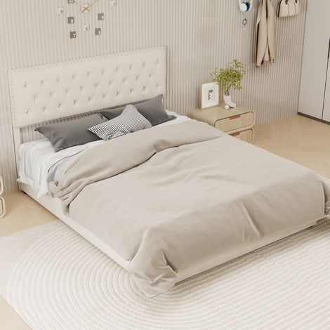 Cama con almacenamiento de tela beige de 160x200 cm, estructura metálica, cabecero alto, somier de láminas, colchón no incluido.