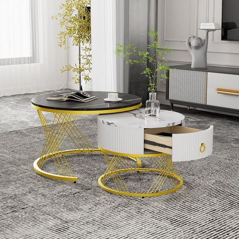 Tavolino da salotto sovrapponibile set di 2 - 70x70x45cm e 50x50x40cm - tavoli gigogne con cassetto effetto marmo e metallo - bianco e oro (1/5)