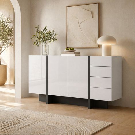 MEUBLIV Buffet 150 cm blanc et noir – 2 portes, 4 tiroirs, grand rangement (1/5)