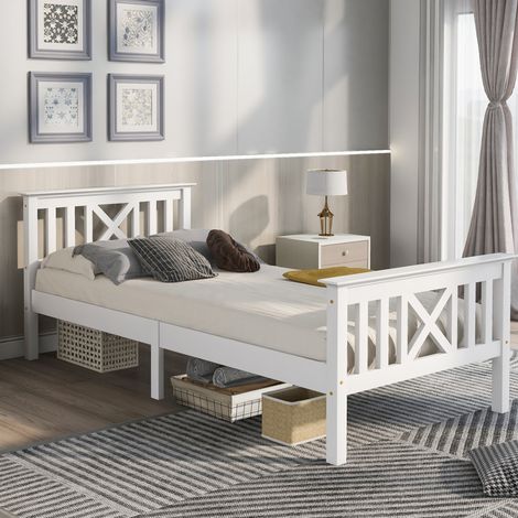Einzelbett 90/200 cm weiß aus Massivholz mit X-förmigem Kopfteil (1/5)