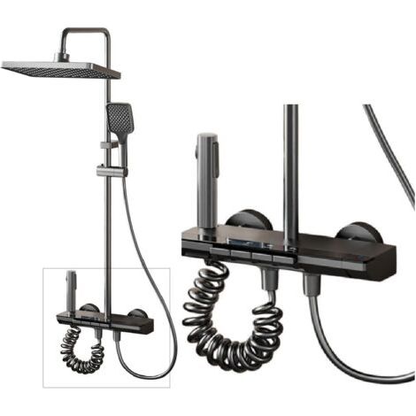 Colonne de douche avec tête carrée, 10 ans de garantie - Noir titane avec 4 modes de fonctionnement - Douche à main, tête carrée, jet concentré et robinet pour baignoire