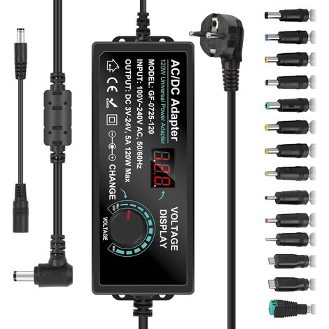 Adaptateur Secteur Universel, 3V-24V Alimentation Universelle Réglable en Tension, Max AC à DC Universal Adapter avec Affichage LED Tension et 14 Embouts, pour l'électronique Domestique (5A) (1/5)