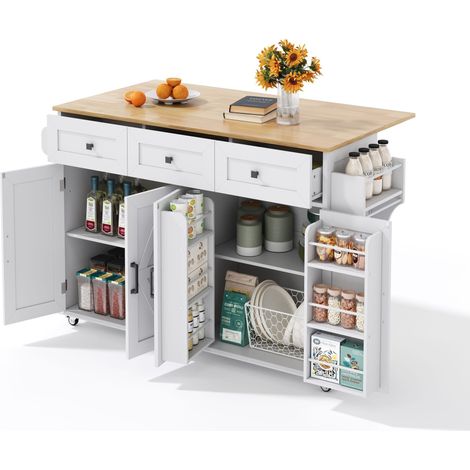 Îlot central de cuisine extensible Blanc,Desserte Cuisine avec 4 portes,3 tiroirs,plan de travail,140x70x93cm (1/5)