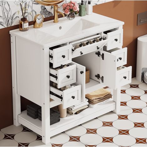 Mobile bagno con lavabo in ceramica, 91,5 x 46,5 x 90 cm, 6 cassetti, bianco HAVRYA (1/5)