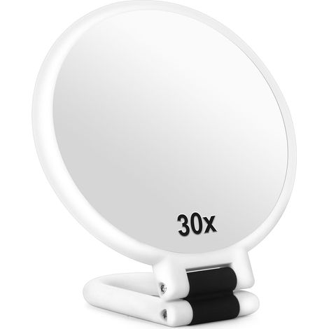 Miroir grossissant 30x avec poignée, miroir de poche double face, pliable, portable, adapté au maquillage de voyage, adapté aux femmes (blanc)