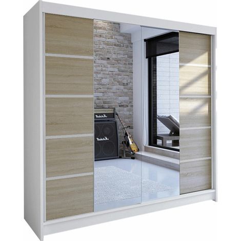 Armoire Closico Cavaris V, Blanc + Sonoma chêne, 215x180x58cm, Portes d'armoire: Coulissantes, Nombre d'étagères: 5