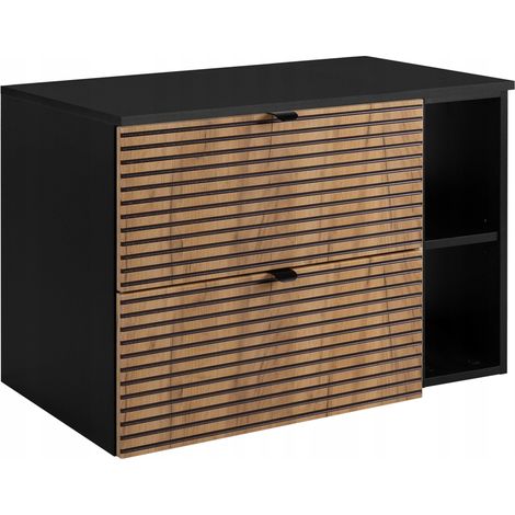 Rodan Waschbeckenunterschrank Loft 80 cm, Braun Matt und Schwarz, 46 x 80 x 57 cm, mit schwarzer Waschtischplatte und Ablage, feuchtraumgeeignet