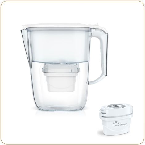 LITTLE BALANCE 8592 Caraffa filtro trasparente + 3 cartucce filtranti, riduce microplastiche, cloro, calcare e altre impurità, 2,5 l, flusso ultra veloce, plastica senza BPA, bianco (1/5)