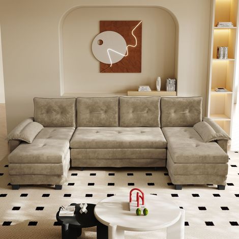 Canapé cama modular en U de chenilla camel con USB y reposabrazos desmontables, 278x127x87 cm