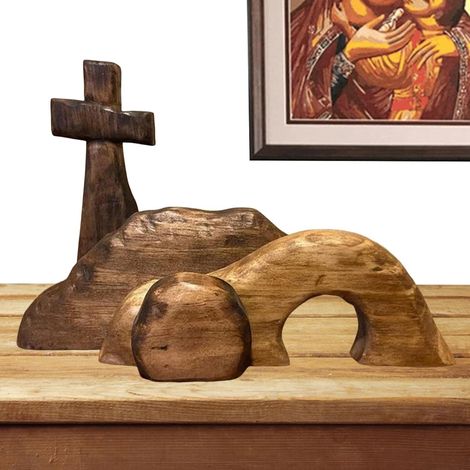 Ensemble de tombeau religieux en bois JeiibrZui - Scène de la Résurrection détachable avec tombeau vide - Figurine de Noël artisanale pour la décoration de table à l'église et à la maison (1/5)