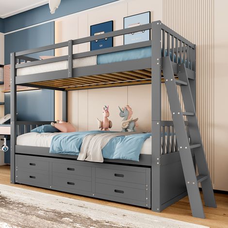 REDOM Lit superposé 90x200cm structure robuste bois 3 tiroirs gris (Sans matelas) (1/5)