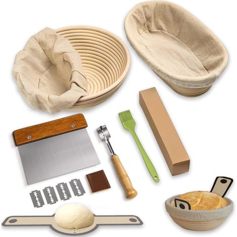Ensemble 14 pcs rotin naturel fermentation levain (paniers, doublures lin, pétrin danois, coupe-pâte, racloir, tamis, brosse) (Beige) (1/5)