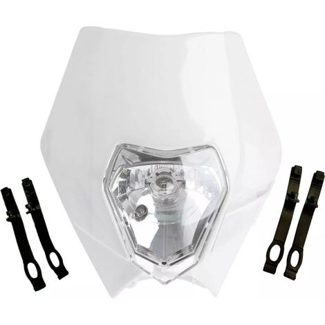 Scheinwerfermaske für Motorrad, weiß, mit Abblend- und Fernlicht – universelles Modell für ENDURO / Trail / Streetfighter