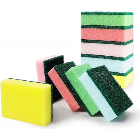 Éponges à vaisselle, tampons à récurer en mousse, anti-rayures, poignée souple, double face, éponges de cuisine robustes, couleurs assorties (lot de 10) (1/5)