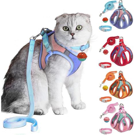 Harnais pour chien (1 pièce) - Câble élastique - Bande réfléchissante - Convient aux chats de toutes tailles, ainsi qu'aux chiots et lapins - Tour de poitrine : 30-36 cm, tour de cou : 24-30 cm - Bleu (1/5)