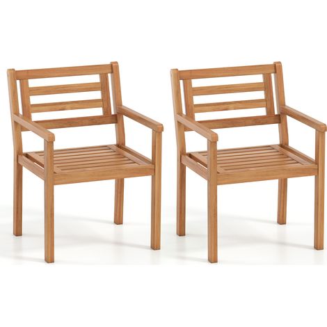 Lot de 2 fauteuils de jardin en bois d’acacia massif avec accoudoirs, chaise de terrasse robuste charge maximale 180 kg, mobilier extérieur pour repas et détente