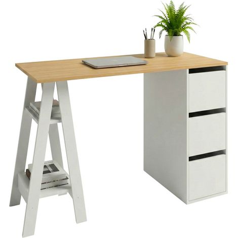 Bureau Tréteau et Caisson 3 Tiroirs Blanc et Chêne L 135 H 75 P 60 cm (1/5)