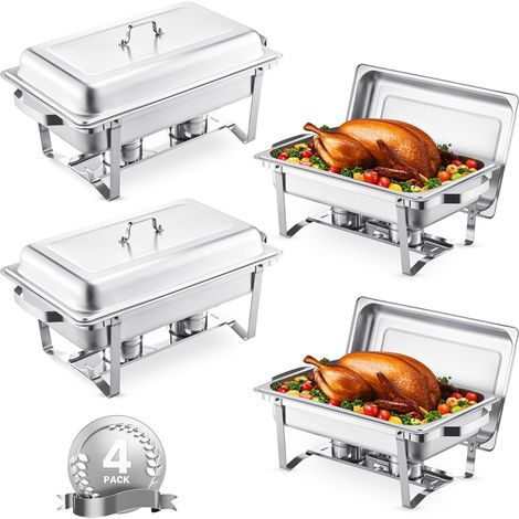 Chauffe-Plat 4PCs 7,5 L, Buffet Chauffant Rectangulaire, Réchaud en Acier Inoxydable, avec 4 Bacs Pleine Taille et Couvercle, pour Buffet Libre-Service Hôtel Traiteur Restauration, Argent (1/5)