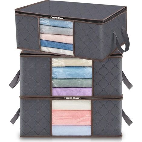 Lot de 3 Sac de Rangement Vetement 35L, Boîte de Rangement Sous lit Pliable, Housse Rangement Couette Organisateur de Placard, Fenêtre Transparente en Tissu Solide pour les Vêtements, Gris (1/2)