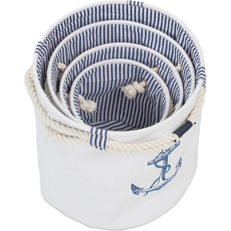 Lot de 4 paniers ronds de rangement confort salle de bains différents motifs marins en tissu bleu et blanc (1/4)