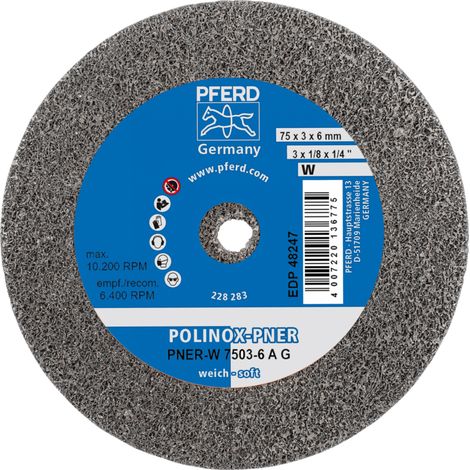 PFERD TOOLS POLINOX verpresstes Vlies-Rad PNER Ø 75x3 mm Bohrung-Ø 6 mm Weich A Grob für Finish 10 Stk (1/4)