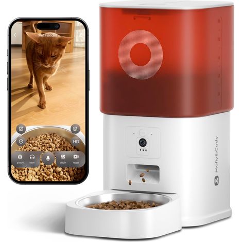 Distributeur Croquettes Chat Automatique avec Caméra, 6L, pour Chat et Petit Chien, Audio Bidirectionnel, Vision Nocturne, Contrôle via App WiFi 2.4G, Bol en Acier Inoxydable (Blanc) (1/5)