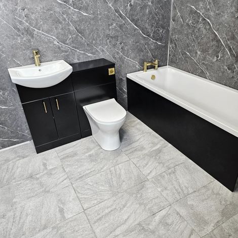 Black Bathroom Suite 1050mm Vanity Set with Bath with Brushed Brass Taps Modern, Without End Panel