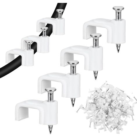 Lot de 100 Serre-câbles Plats, 10 mm, Serre-câbles à Clou avec Clou en Acier, Support de Câble en Plastique pour Mur, Fixations de Câble, Serre-Câble Blanc, Clips de Câble, Gestion de Câble (1/5)