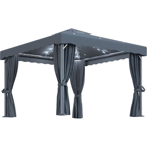 Tonnelle Barnum de Jardin, Pavillon, Pergola, Tente de jardin, avec rideau et guirlande lumineuse LED 3x3m Anthracite OIB2485E (1/5)