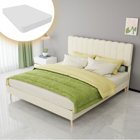 DESVIAE Lit rembourré en tissu avec tête de lit haute 160 x 200 cm beige style moderne structure en métal et bois matelas inclus (1/5)