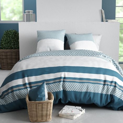 Parure housse de couette 260x240cm + 2 taies motif géométrique bleu et gris 100% coton - CHERINE (1/4)